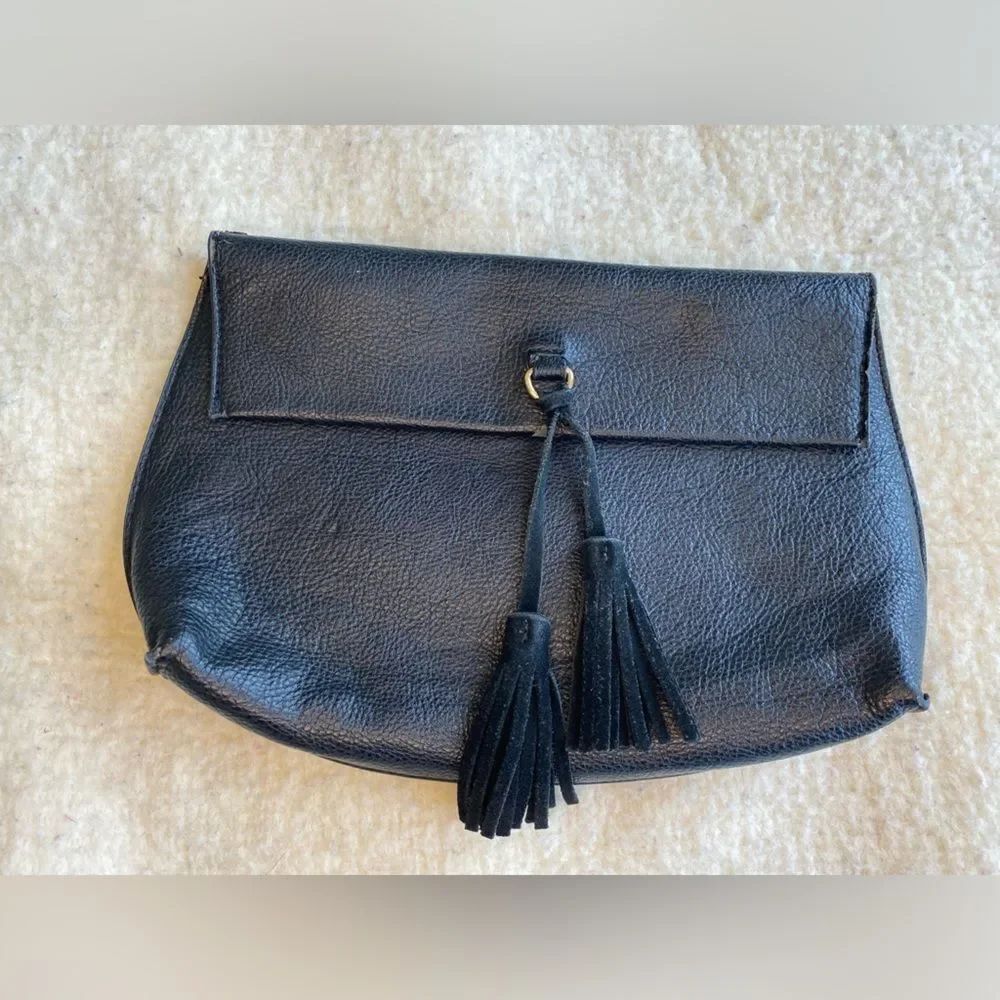 Anthropologie Black Leather Clutch Bag with Suede Tassel